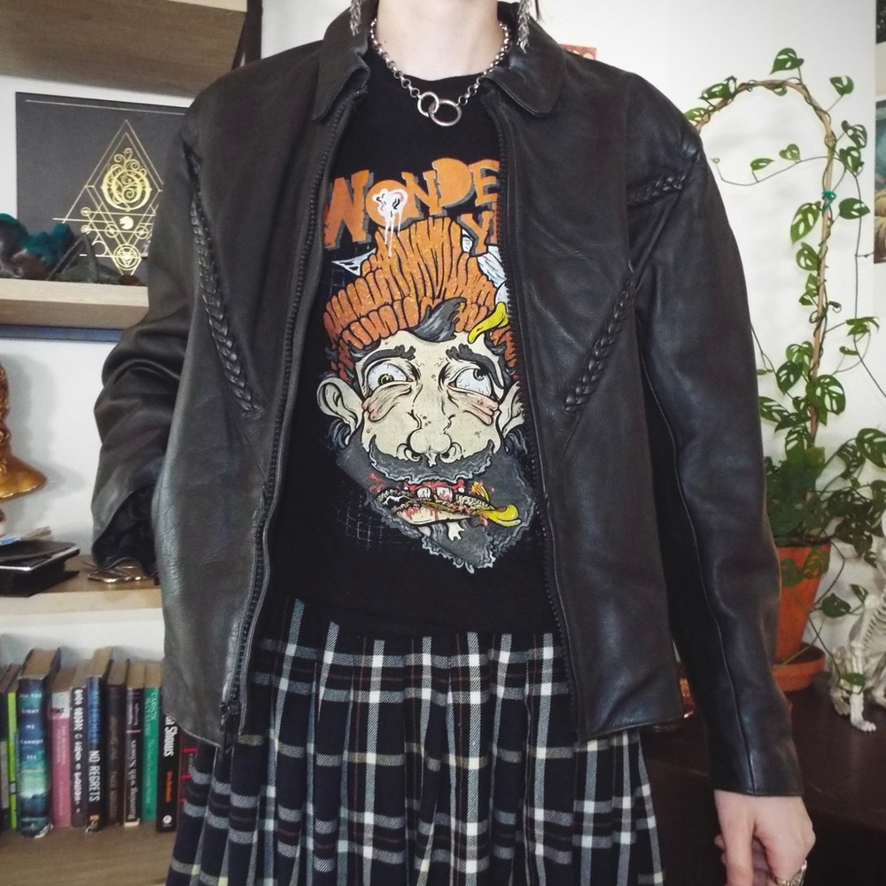 Black genuine leather zip-up bikers jacket